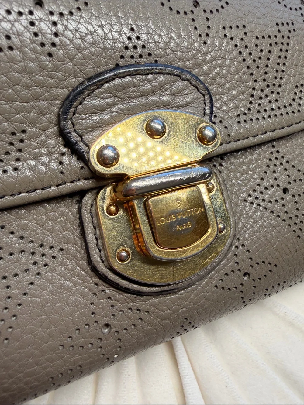 Louis Vuitton Taupe Perforated Monogram Leather Clutch with Gold Lock
